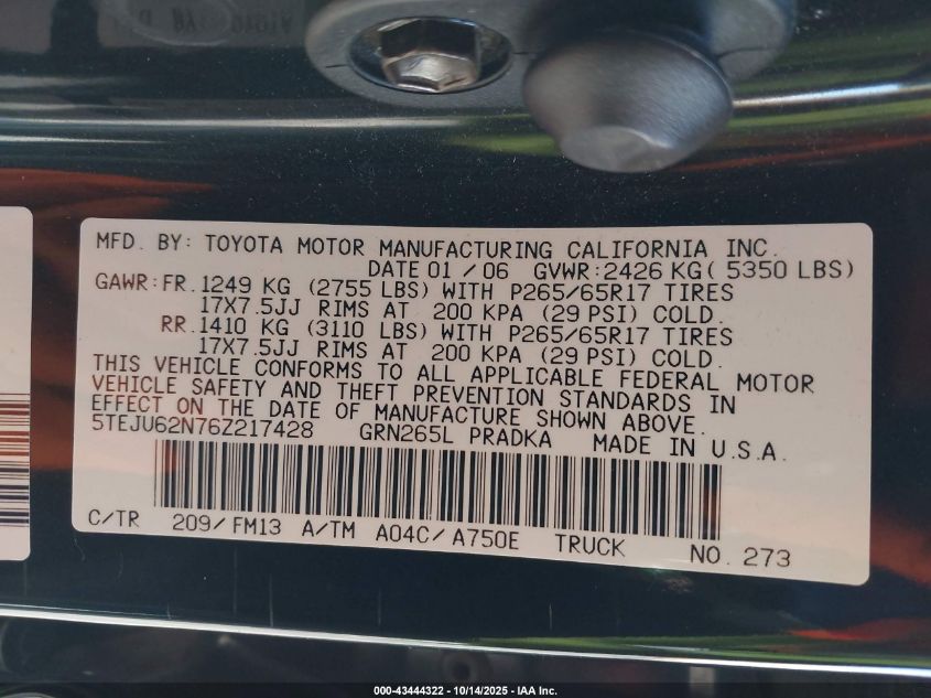 2006 Toyota Tacoma Prerunner V6 VIN: 5TEJU62N76Z217428 Lot: 43444322