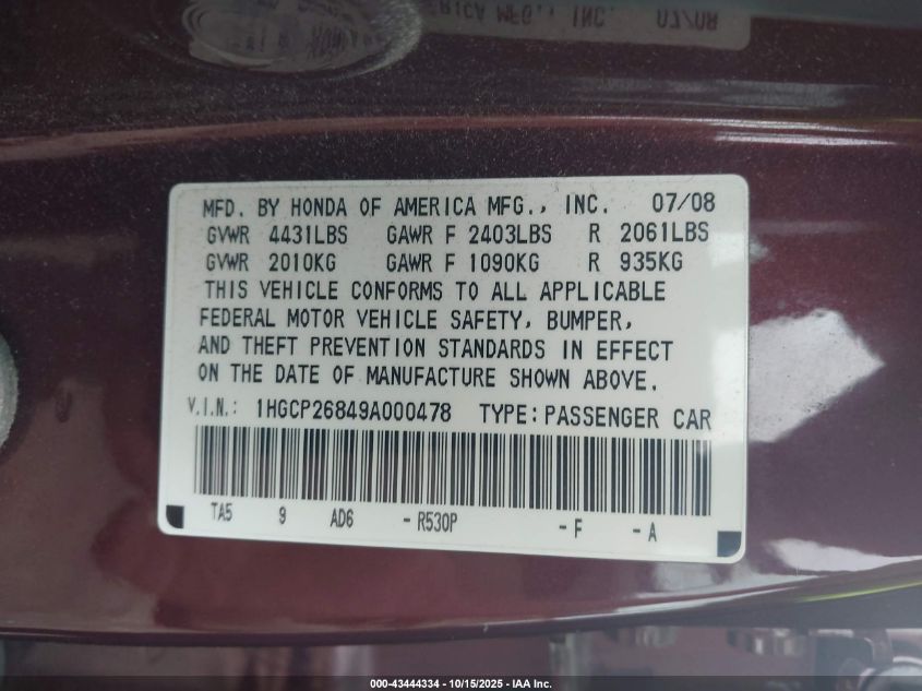 2009 Honda Accord 2.4 Ex-L VIN: 1HGCP26849A000478 Lot: 43444334