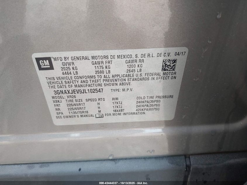 2018 Chevrolet Equinox Lt VIN: 3GNAXJEV9JL102547 Lot: 43444337