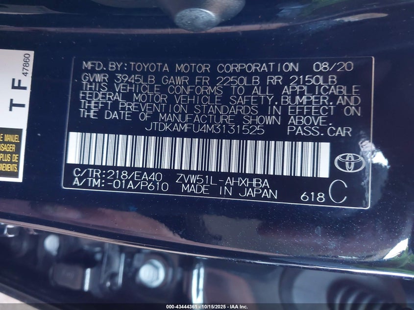 JTDKAMFU4M3131525 2021 TOYOTA PRIUS photo no. 9