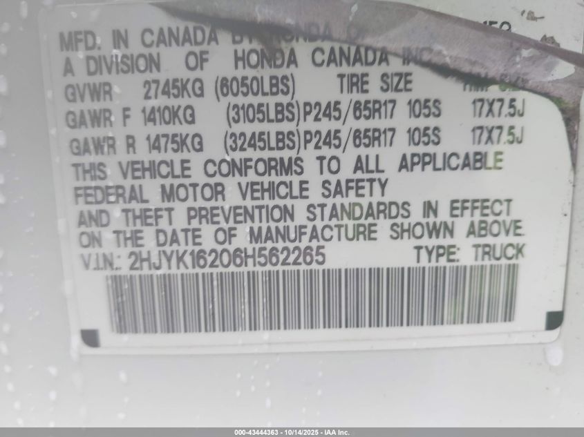 2006 Honda Ridgeline Rt VIN: 2HJYK16206H562265 Lot: 43444363