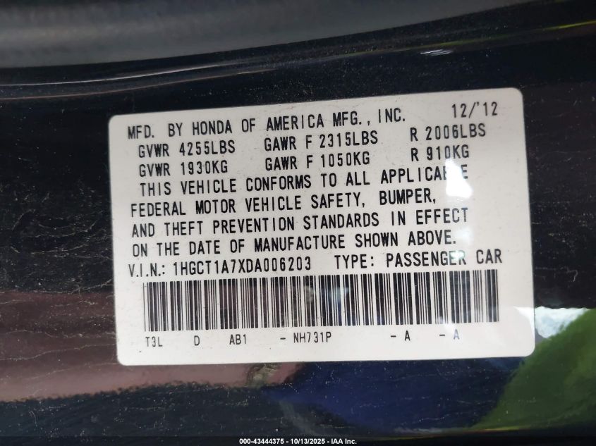 2013 Honda Accord Ex VIN: 1HGCT1A7XDA006203 Lot: 43444375