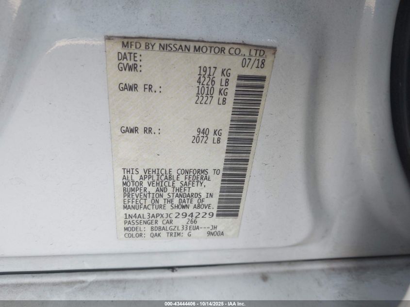 2018 Nissan Altima 2.5 S VIN: 1N4AL3APXJC294229 Lot: 43444406