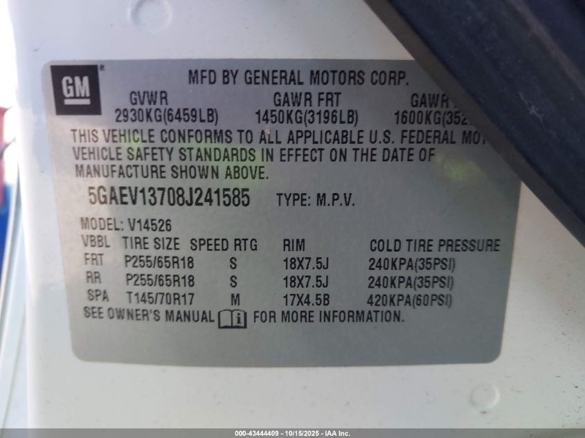 2008 Buick Enclave Cx VIN: 5GAEV13708J241585 Lot: 43444409