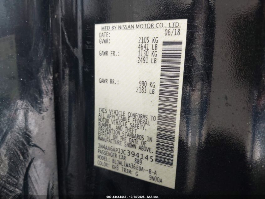 2018 Nissan Maxima 3.5 Sr VIN: 1N4AA6AP1JC394145 Lot: 43444443