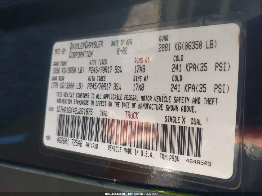 2002 Dodge Ram 1500 St VIN: 1D7HA16K42J261875 Lot: 43444450