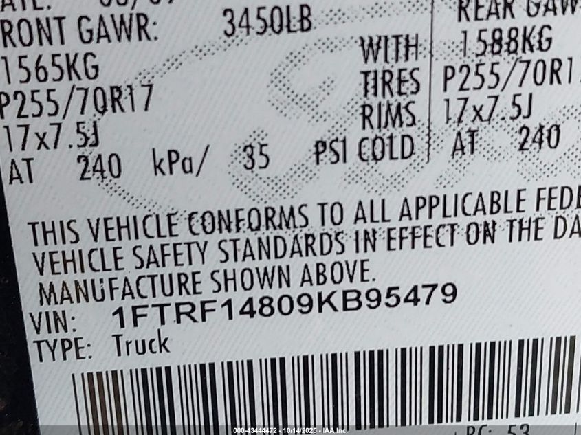 2009 Ford F-150 Stx/Xl/Xlt VIN: 1FTRF14809KB95479 Lot: 43444472