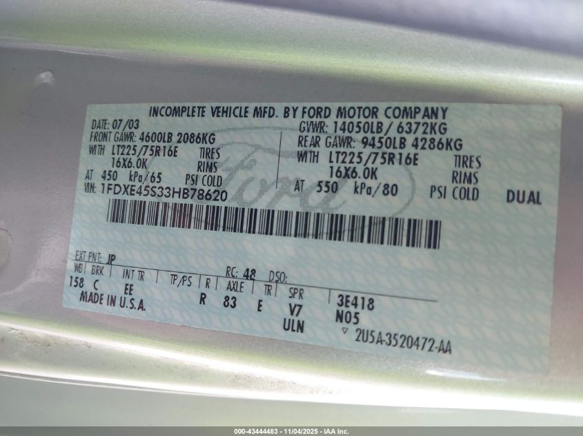 2004 Gulf Stream E-450 Cutaway VIN: 1FDXE45S33HB78620 Lot: 43444483