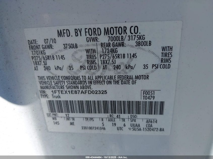 2010 Ford F-150 Stx/Xl/Xlt VIN: 1FTEX1E87AFD02325 Lot: 43444484