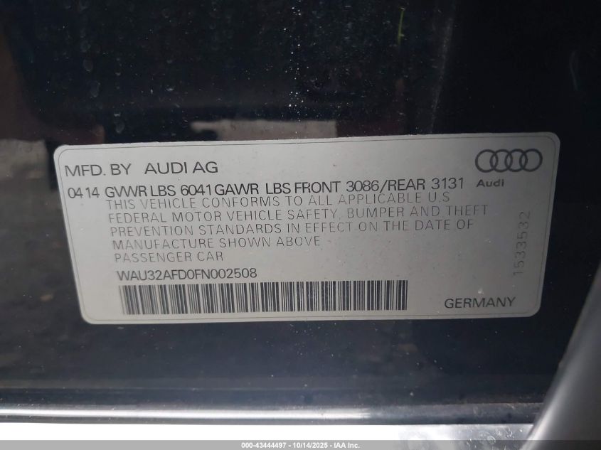 2015 Audi A8 L 4.0T VIN: WAU32AFD0FN002508 Lot: 43444497