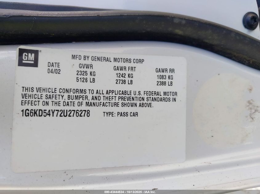 2002 Cadillac Deville Standard VIN: 1G6KD54Y72U276278 Lot: 43444534