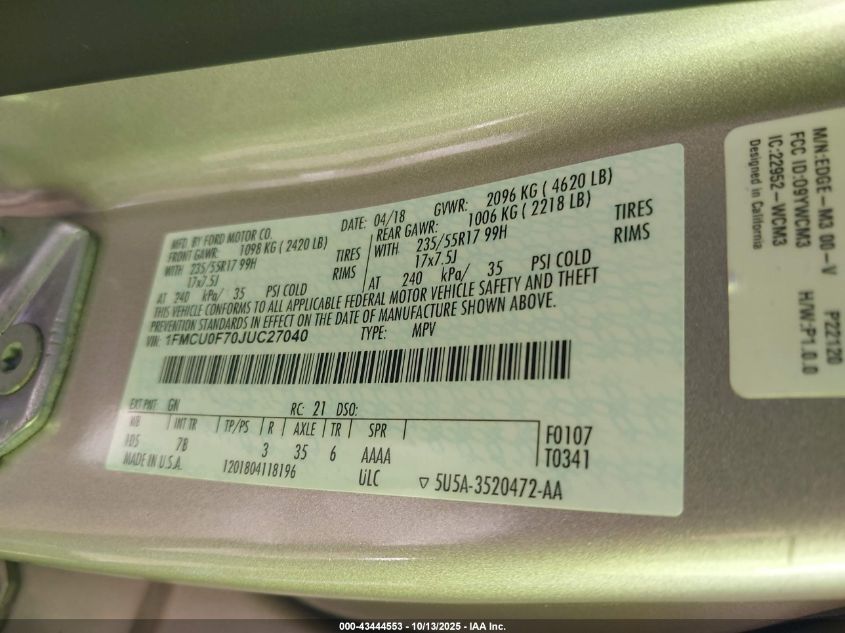 2018 Ford Escape S VIN: 1FMCU0F70JUC27040 Lot: 43444553