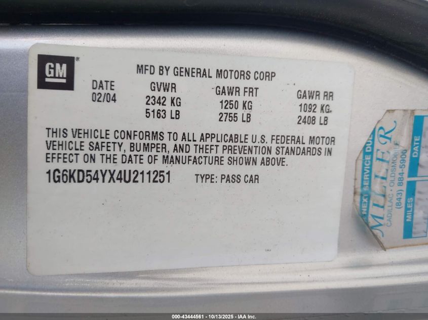 2004 Cadillac Deville Standard VIN: 1G6KD54YX4U211251 Lot: 43444561
