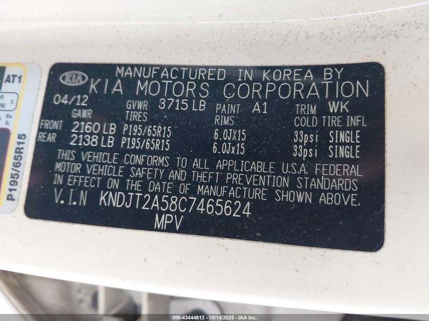 2012 Kia Soul VIN: KNDJT2A58C7465624 Lot: 43444613