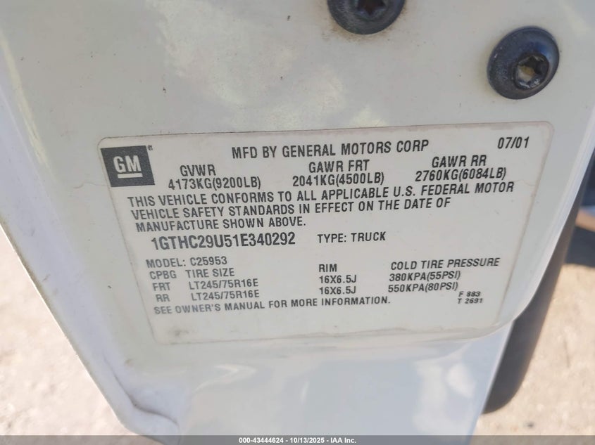 2001 GMC Sierra 2500Hd Sl VIN: 1GTHC29U51E340292 Lot: 43444624