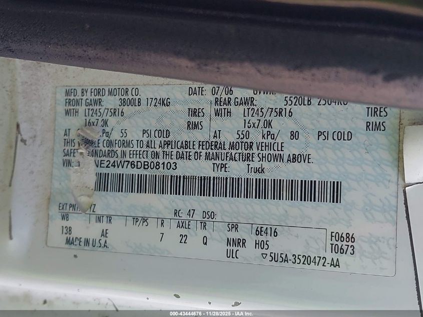 2006 Ford E-250 Commercial/Recreational VIN: 1FTNE24W76DB08103 Lot: 43444676