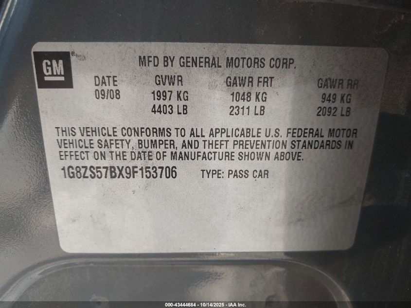 2009 Saturn Aura Xe VIN: 1G8ZS57BX9F153706 Lot: 43444684