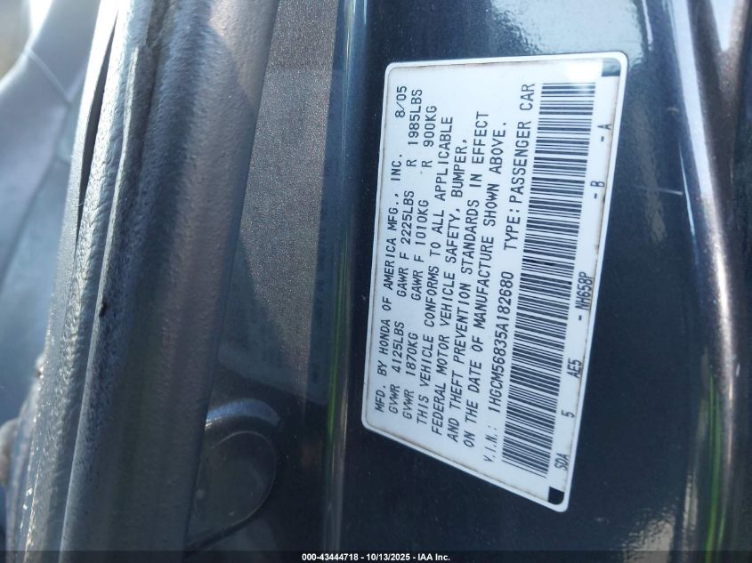2005 Honda Accord 2.4 Ex VIN: 1HGCM56835A182680 Lot: 43444718
