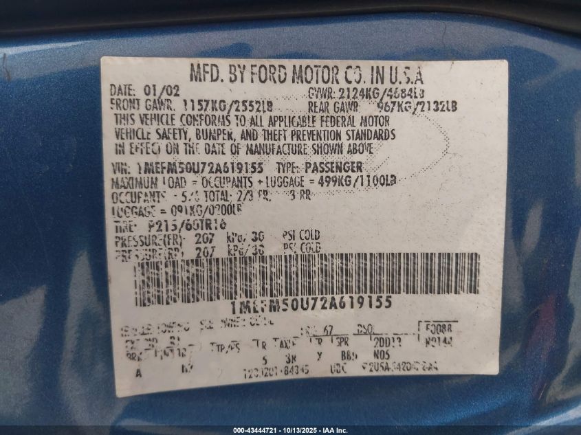 2002 Mercury Sable Gs VIN: 1MEFM50U72A619155 Lot: 43444721