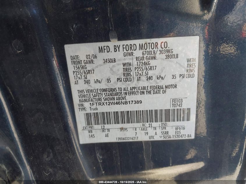 2006 Ford F-150 Stx/Xl/Xlt VIN: 1FTRX12W46NB17389 Lot: 43444728