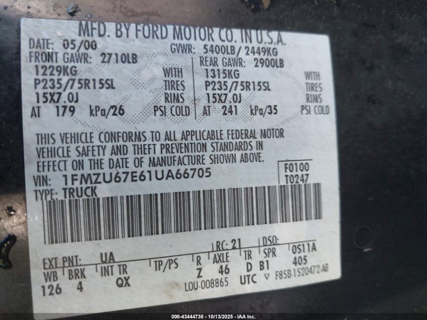 2001 Ford Explorer Sport Trac VIN: 1FMZU67E61UA66705 Lot: 43444738