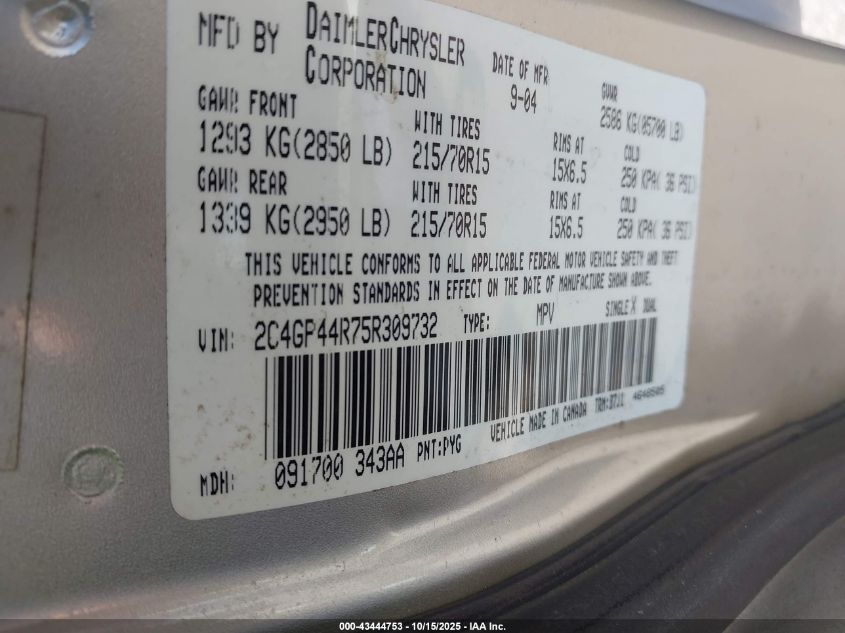 2005 Chrysler Town & Country Lx VIN: 2C4GP44R75R309732 Lot: 43444753