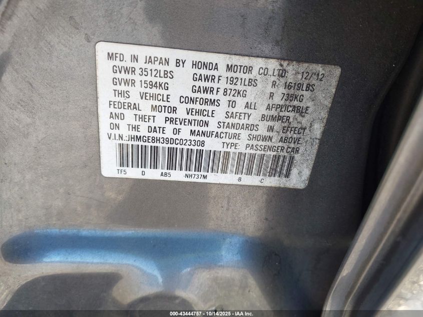 2013 Honda Fit VIN: JHMGE8H39DC023308 Lot: 43444757