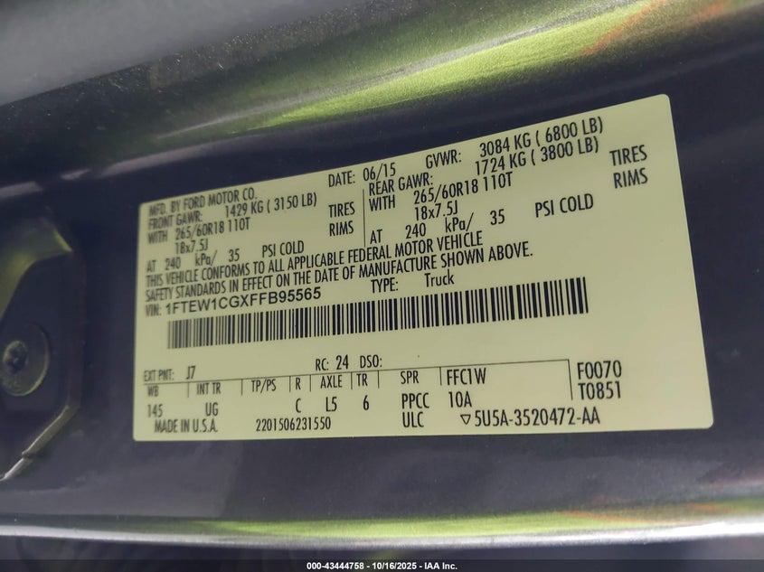 2015 FORD F-150 XLT 1FTEW1CGXFFB95565