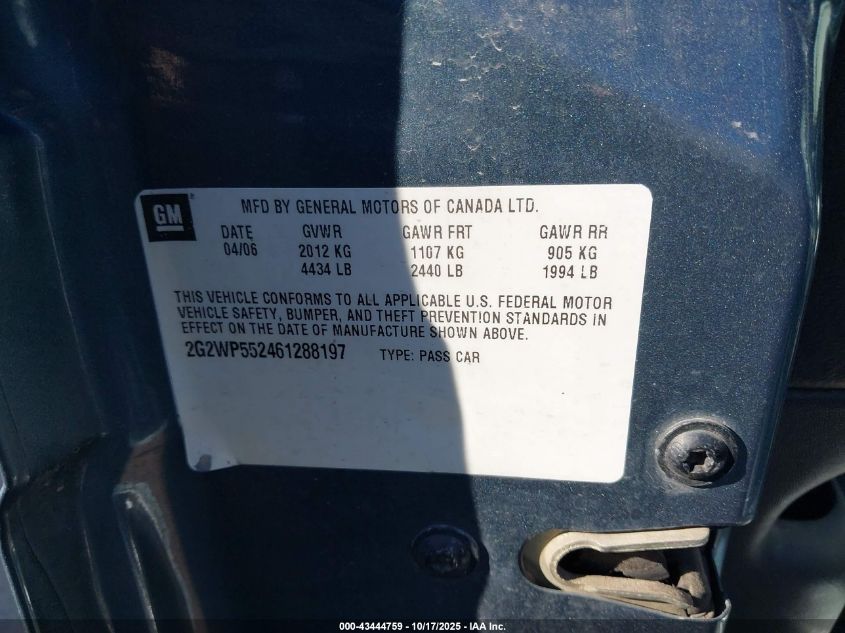 2006 Pontiac Grand Prix VIN: 2G2WP552461288197 Lot: 43444759