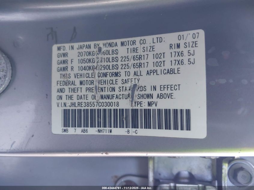 2007 Honda Cr-V Ex VIN: JHLRE38557C030018 Lot: 43444761