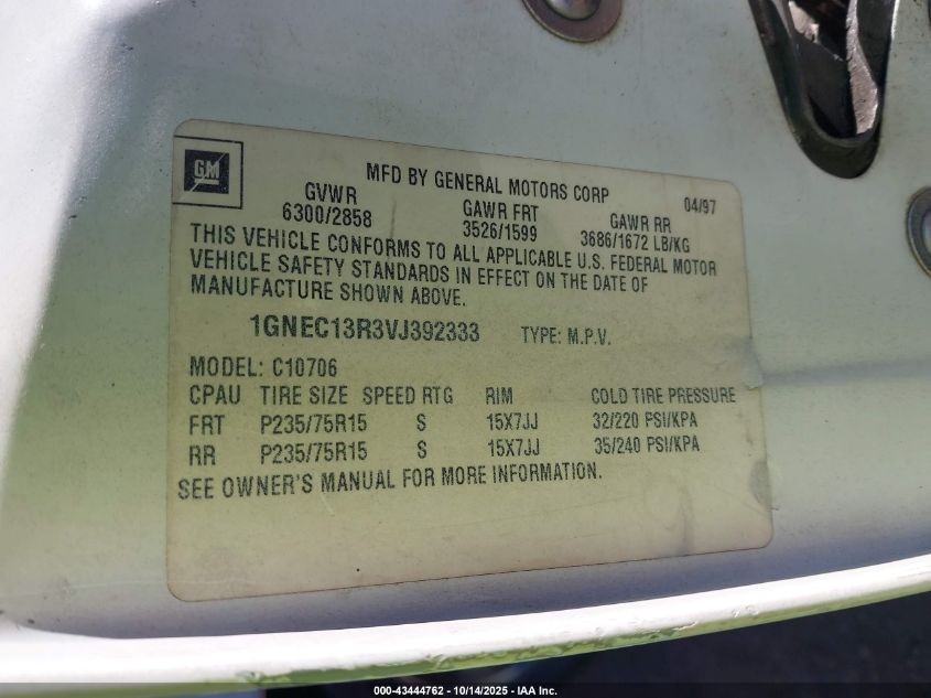 1997 Chevrolet Tahoe Ls VIN: 1GNEC13R3VJ392333 Lot: 43444762