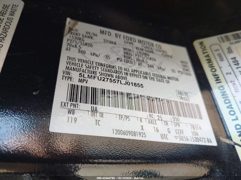 2007 Lincoln Navigator Ultimate VIN: 5LMFU27557LJ01855 Lot: 43444768