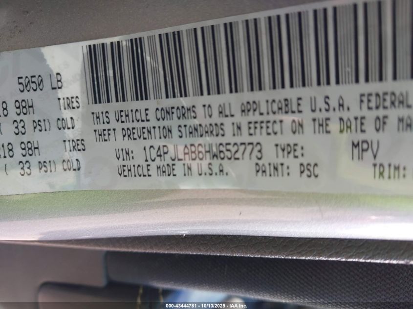 2017 Jeep Cherokee Altitude Fwd VIN: 1C4PJLAB6HW652773 Lot: 43444781