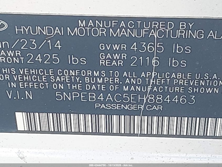 2014 Hyundai Sonata Gls VIN: 5NPEB4AC5EH884463 Lot: 43444790