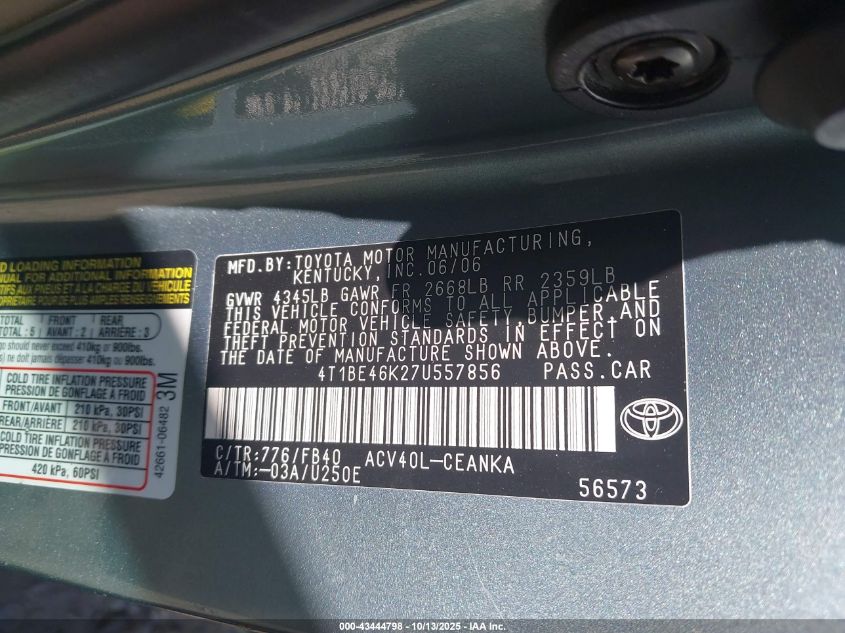 2007 Toyota Camry Le VIN: 4T1BE46K27U557856 Lot: 43444798