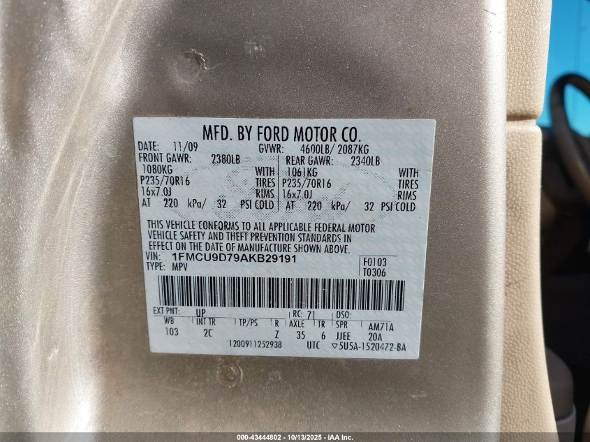 2010 Ford Escape Xlt VIN: 1FMCU9D79AKB29191 Lot: 43444802