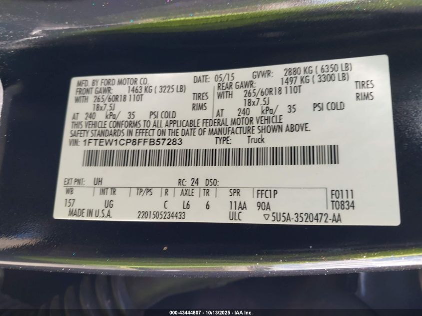 2015 Ford F-150 Xlt VIN: 1FTEW1CP8FFB57283 Lot: 43444807