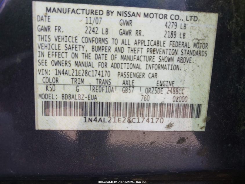 2008 Nissan Altima 2.5 S VIN: 1N4AL21E28C174170 Lot: 43444812