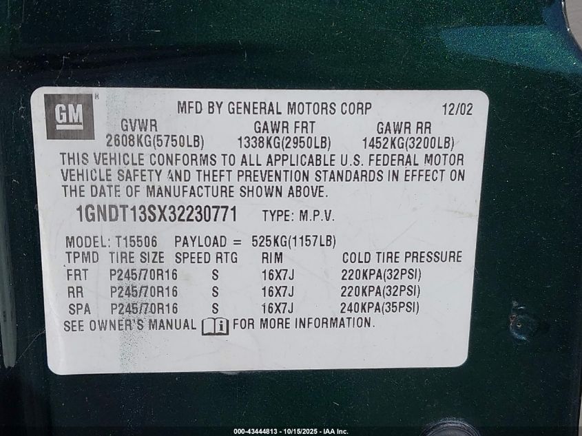 2003 Chevrolet Trailblazer Ls VIN: 1GNDT13SX32230771 Lot: 43444813