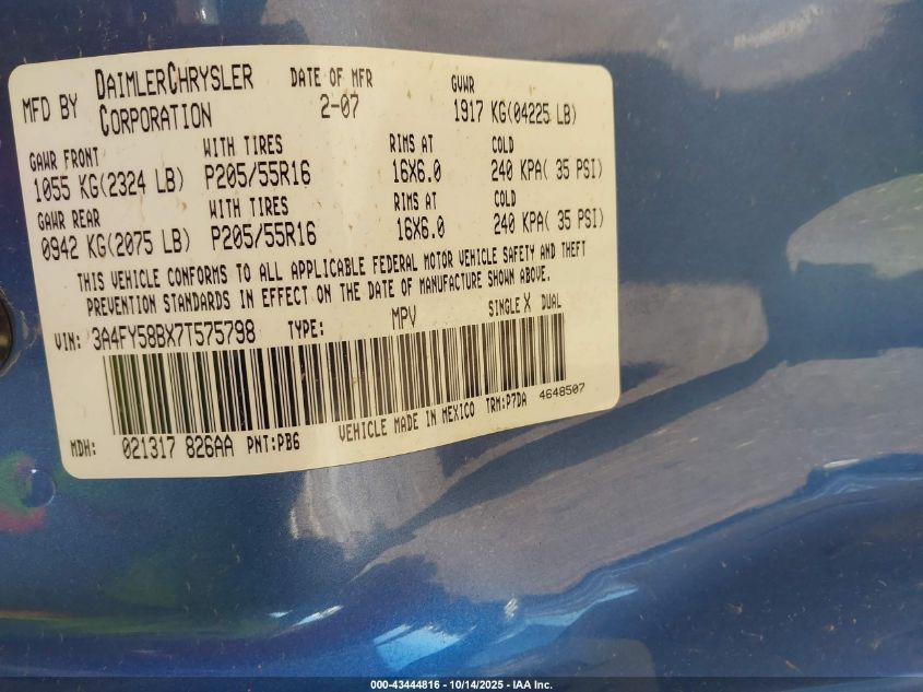 2007 Chrysler Pt Cruiser Touring VIN: 3A4FY58BX7T575798 Lot: 43444816