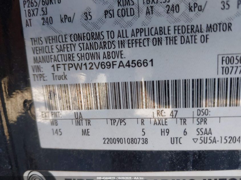 2009 Ford F-150 King Ranch/Lariat/Platinum/Xl/Xlt VIN: 1FTPW12V69FA45661 Lot: 43444819