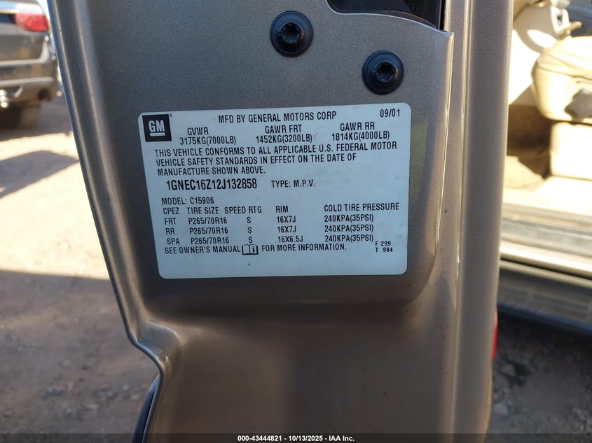 2002 Chevrolet Suburban 1500 Ls VIN: 1GNEC16Z12J132858 Lot: 43444821