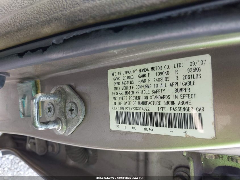 2008 Honda Accord 2.4 Ex VIN: JHMCP26728C014922 Lot: 43444822