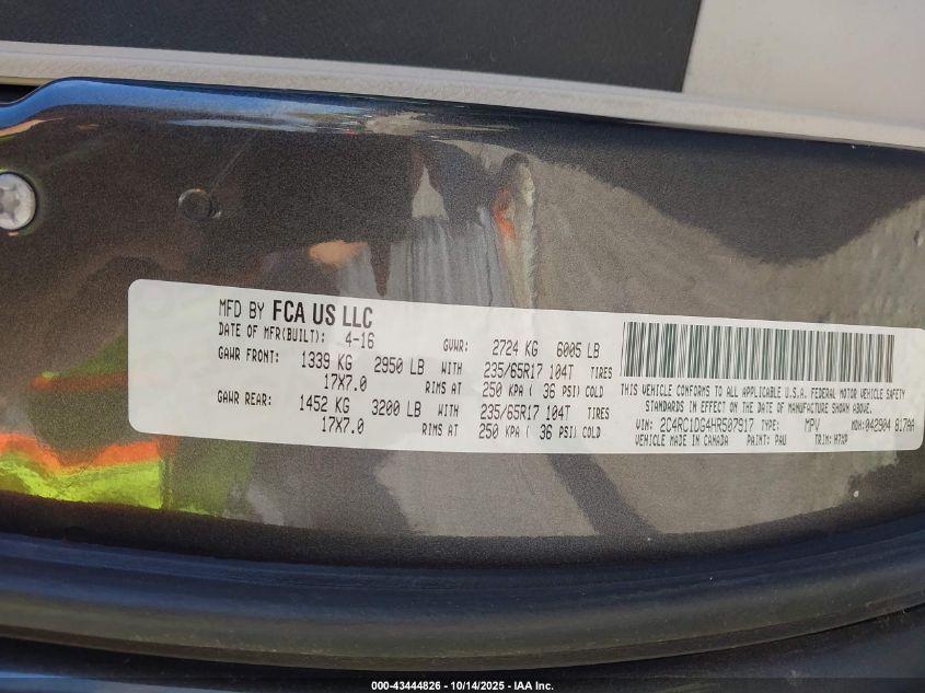 2017 Chrysler Pacifica Touring VIN: 2C4RC1DG4HR507917 Lot: 43444826