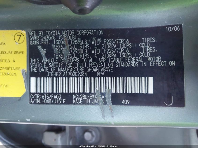 2007 Toyota Highlander V6 VIN: JTEHP21A170202384 Lot: 43444827