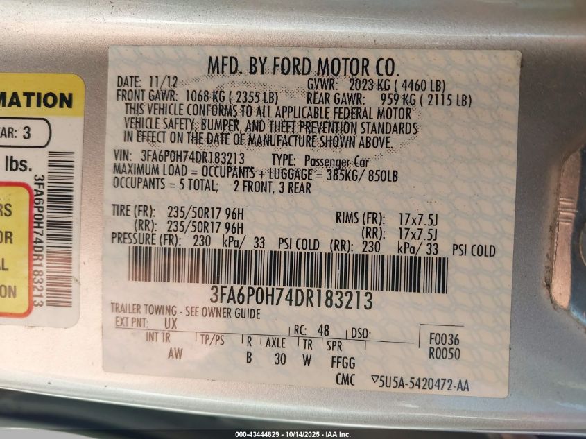 2013 Ford Fusion Se VIN: 3FA6P0H74DR183213 Lot: 43444829