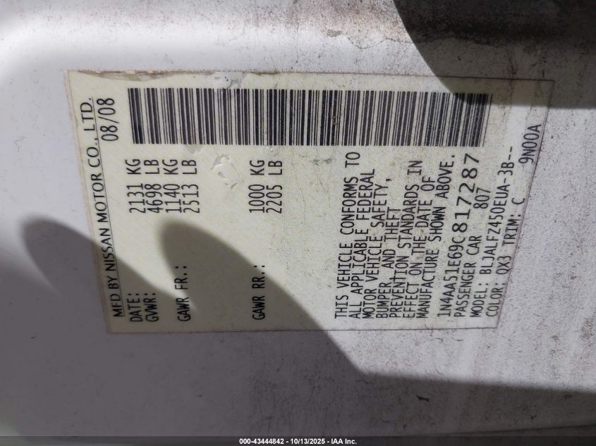 2009 Nissan Maxima 3.5 Sv VIN: 1N4AA51E69C817287 Lot: 43444842