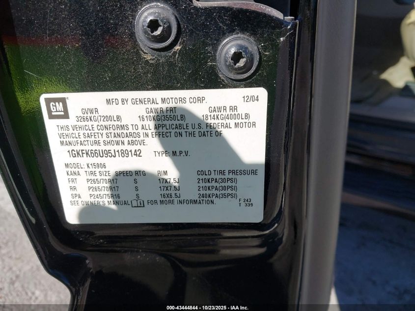 2005 GMC Yukon Xl 1500 Denali VIN: 1GKFK66U95J189142 Lot: 43444844