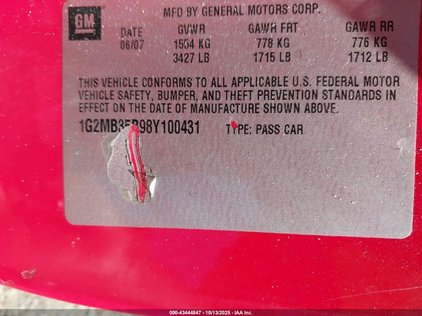 2008 Pontiac Solstice VIN: 1G2MB35B98Y100431 Lot: 43444847