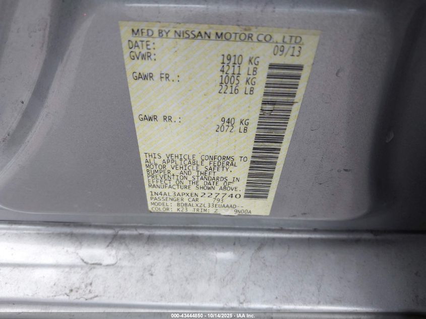 2014 Nissan Altima 2.5 Sl VIN: 1N4AL3APXEN227740 Lot: 43444850